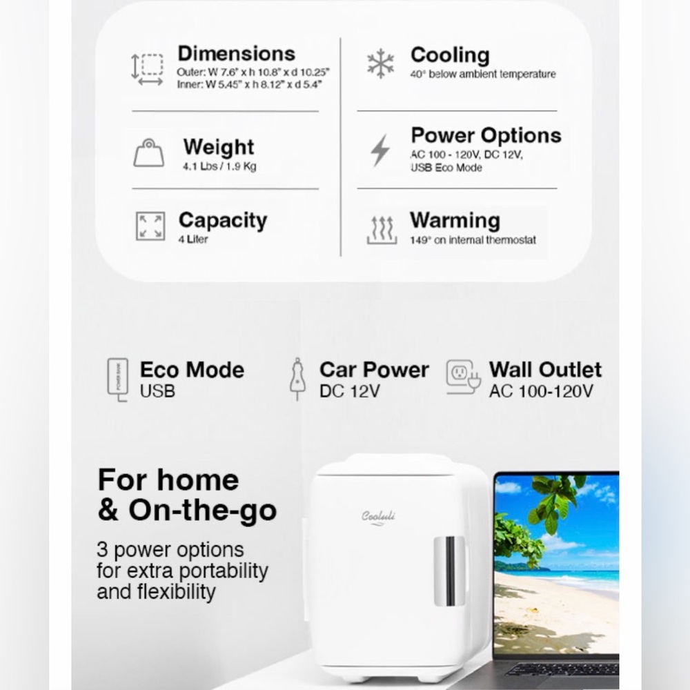 Cooluli White Mini Fridge for Car, Office, Dorm, Desk, Like New - Picture 8 of 11